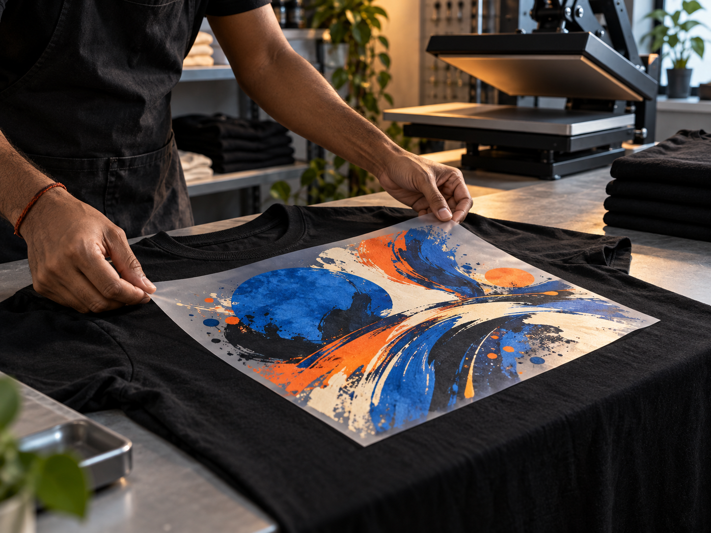 A custom print being aligned on a black T-shirt